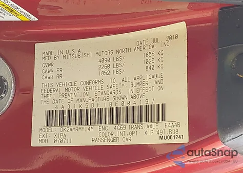 2011 Mitsubishi Eclipse Gs/Gs Sport z USA, uszkodzony, nr VIN 4A31K5DF1BE004197